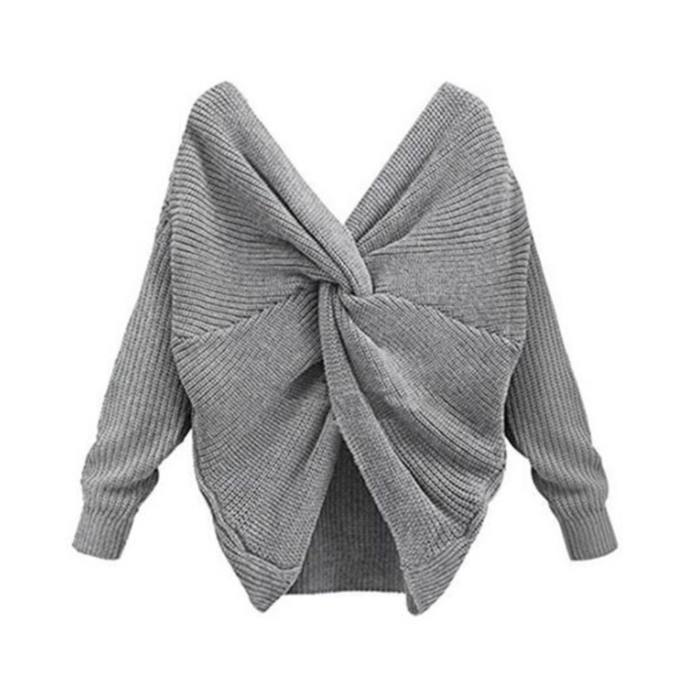 ๐ฅ Twisted Open Knot Back Knit V Neck Sweater Grey - Picture 3 of 4